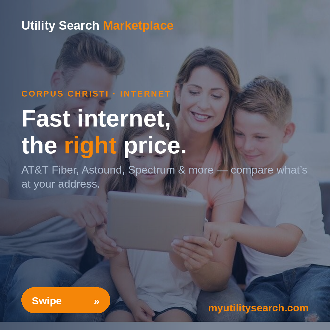Compare Corpus Christi internet providers in 2026 — family using a tablet at home with AT&T Fiber, Astound, and Spectrum options to find fast internet at the right price by address