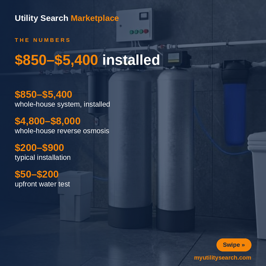 whole house water filter cost breakdown — $850–$5,400 installed, reverse osmosis and installation pricing 2026