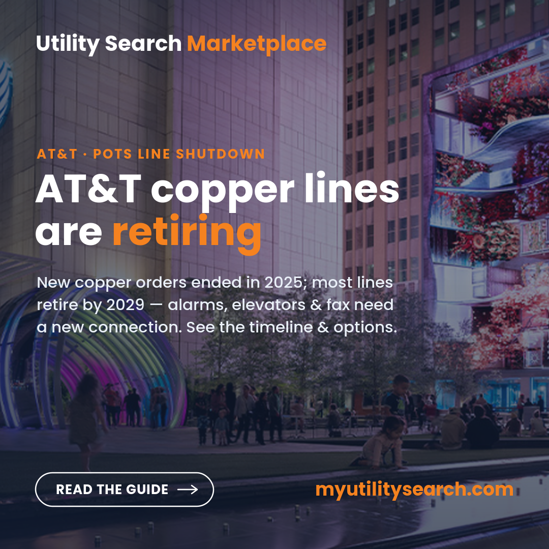 Utility Search Marketplace graphic over a night photo of the AT&T building: AT&T copper lines are retiring, with copper landlines phasing out by 2029 - read the guide at myutilitysearch.com