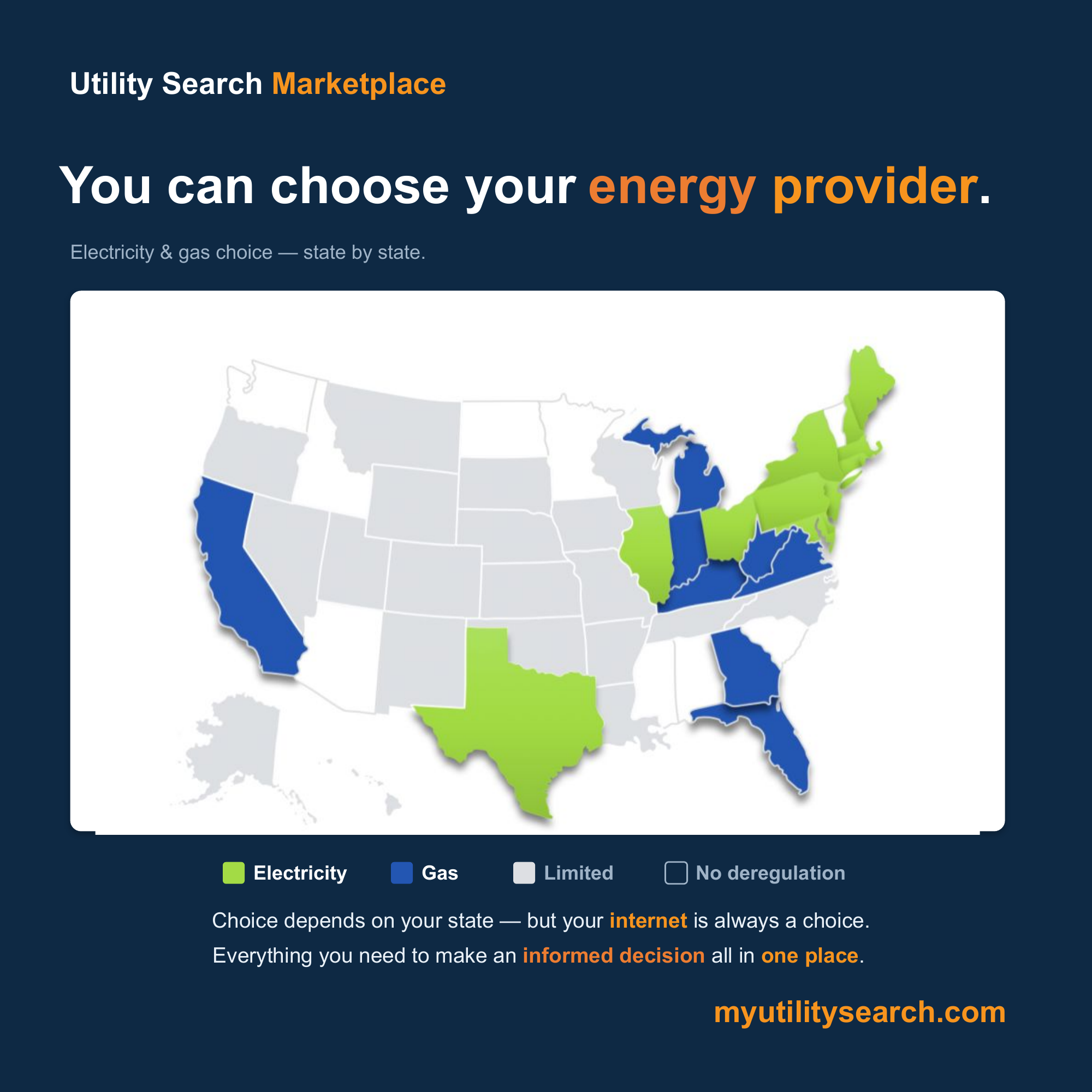 Deregulated energy states map of the U.S. for 2026 — electricity and natural gas choice by state