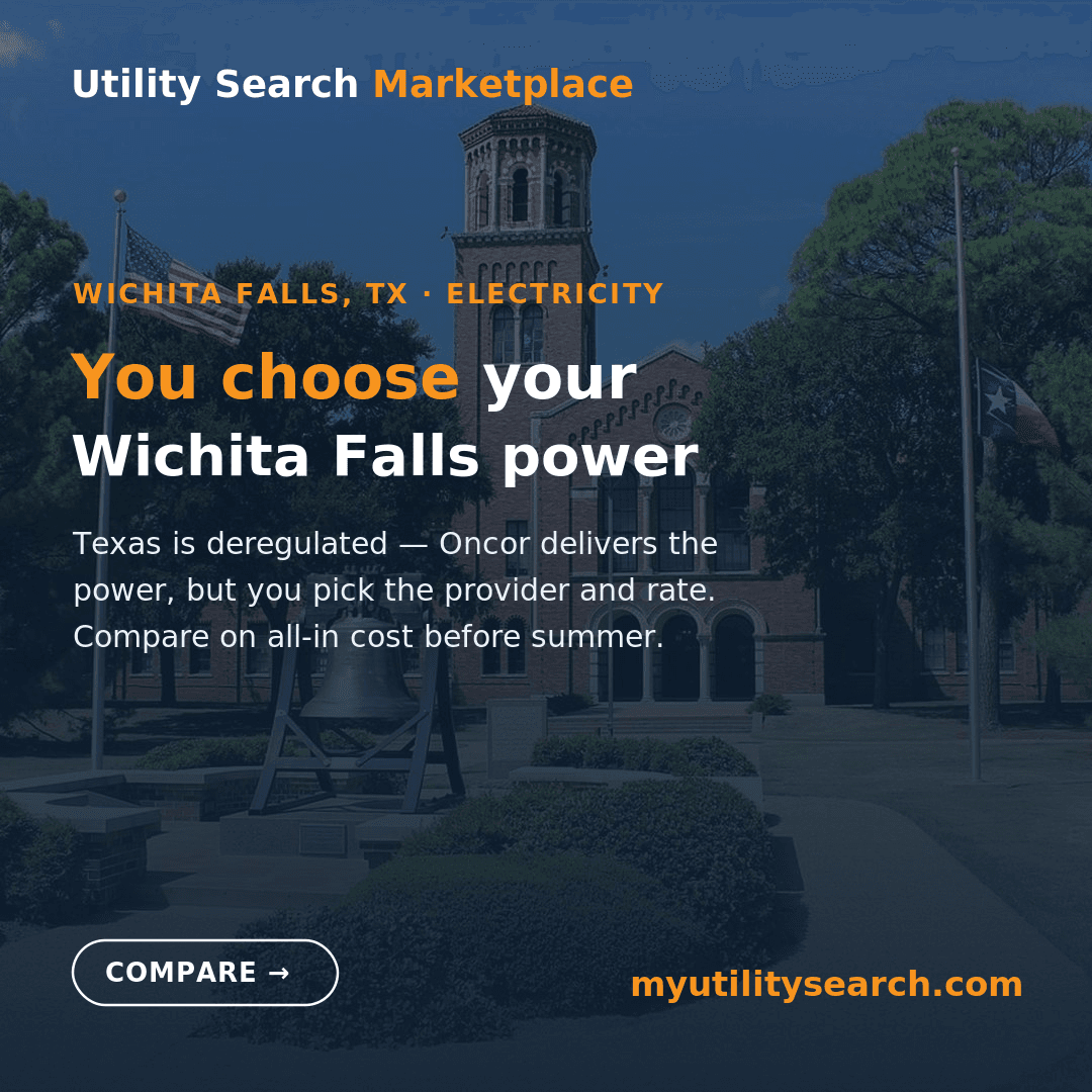 Wichita Falls electricity rates 2026 — Utility Search Marketplace card reading 'You choose your Wichita Falls power,' comparing deregulated Texas energy plans in the Oncor area