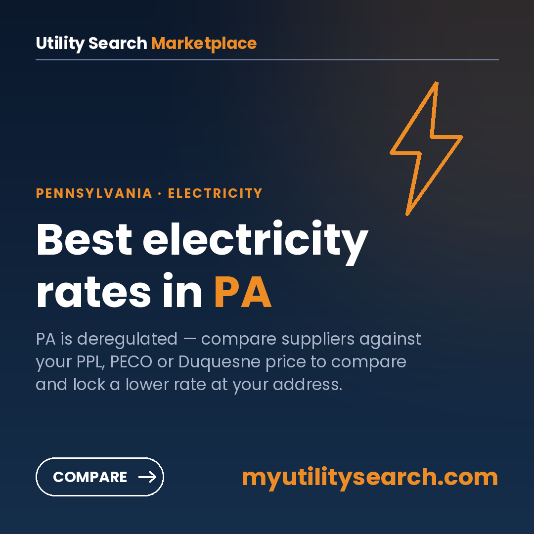 Best electricity rates in Pennsylvania 2026 — compare licensed suppliers against your PPL, PECO or Duquesne price to compare on myutilitysearch.com