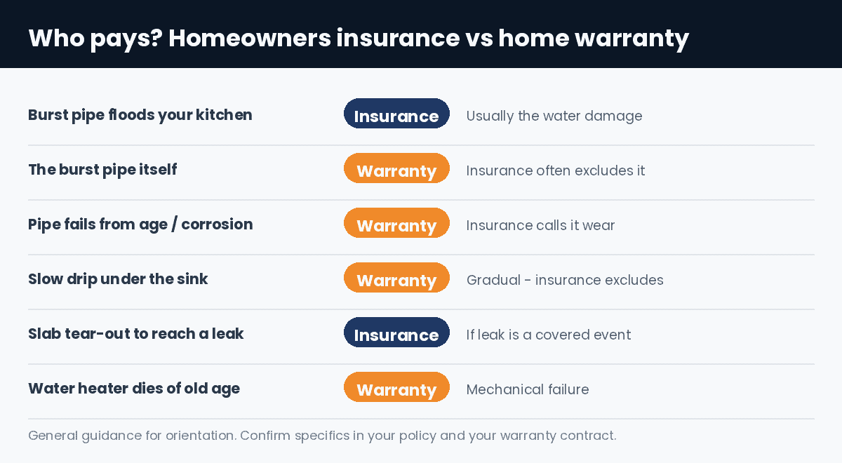 Does homeowners insurance cover plumbing or does a home warranty pay instead
