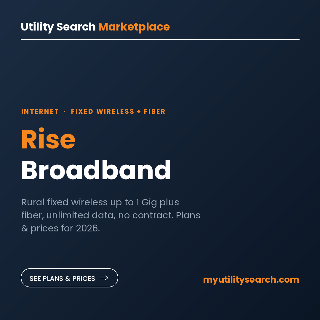 Rise Broadband review card: rural fixed wireless up to 1 Gig plus fiber, no contract