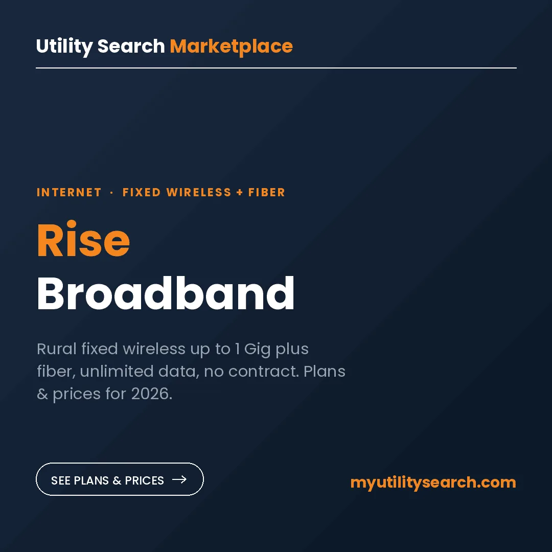 Rise Broadband review card: rural fixed wireless up to 1 Gig plus fiber, no contract