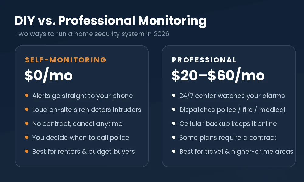 DIY vs professional home security monitoring — self-monitoring $0 vs professional $20 to $60 per month