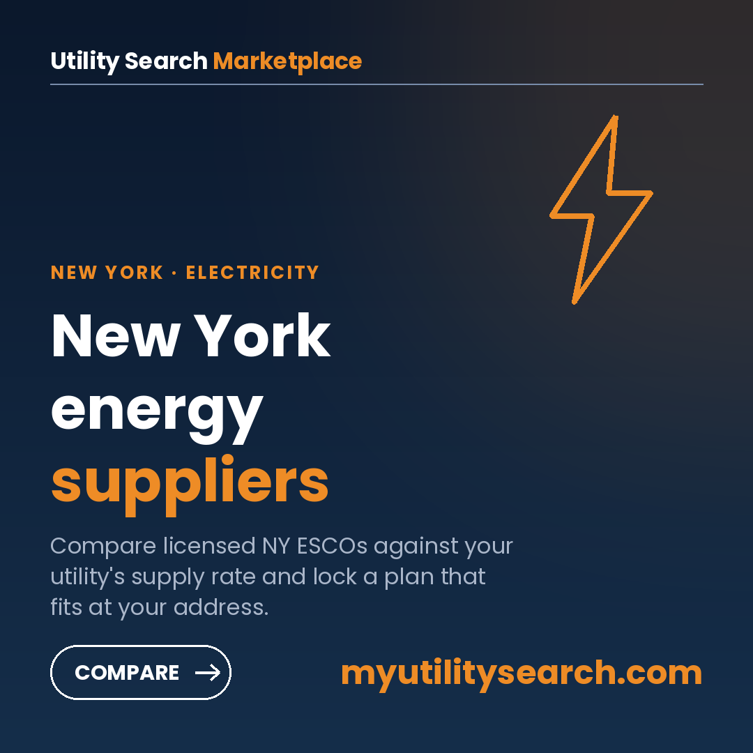 Compare New York energy suppliers (ESCOs) — find a licensed supplier rate below your utility supply charge on myutilitysearch.com