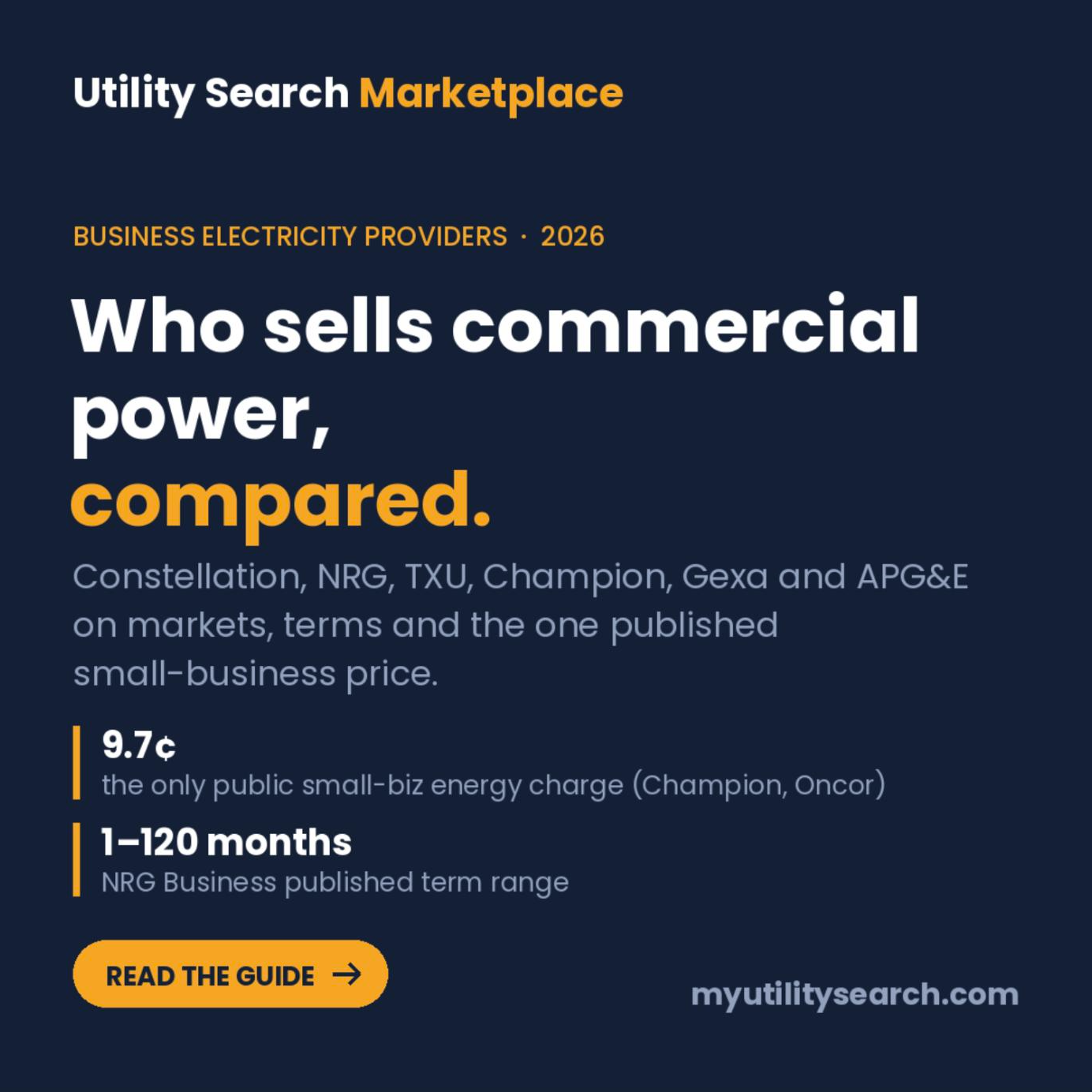 Business electricity providers: who sells commercial power in 2026, compared — Utility Search Marketplace card