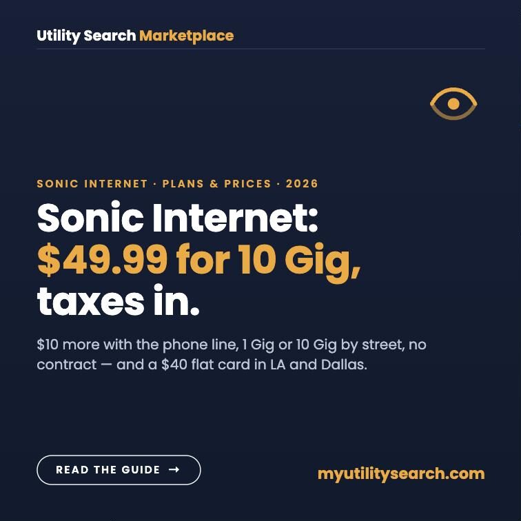 Sonic internet 2026 featured image: $49.99 for 10 Gig with taxes included, $10 more with a phone line, no contract, $40 in LA and Dallas