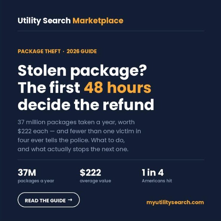 Stolen package guide card: 37 million packages stolen a year worth $222 each, and fewer than one in four victims report it
