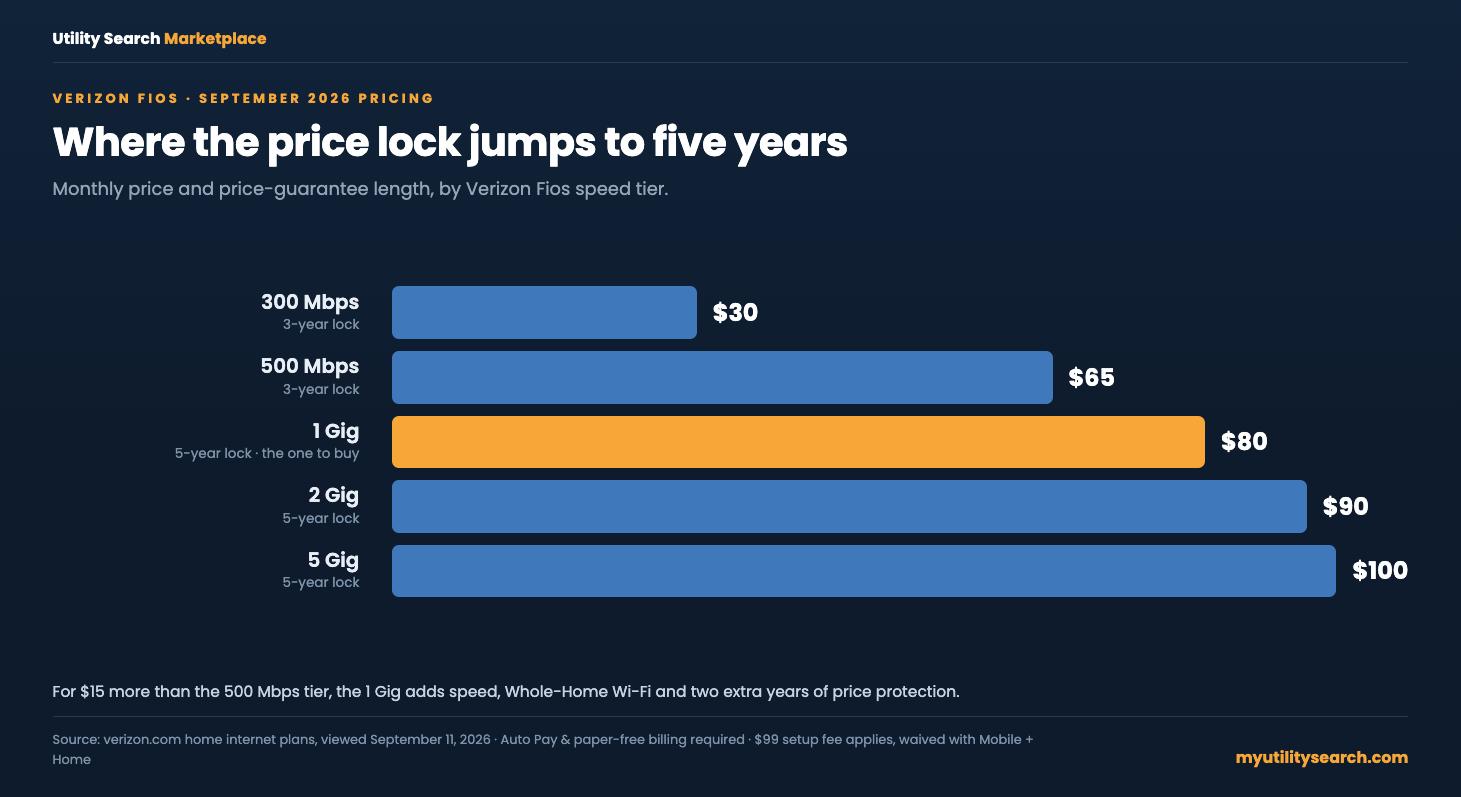 Verizon Fios speed tiers price chart — 300 Mbps $30, 500 Mbps $65, 1 Gig $80, 2 Gig $90, 5 Gig $100 with 3-year and 5-year price guarantees